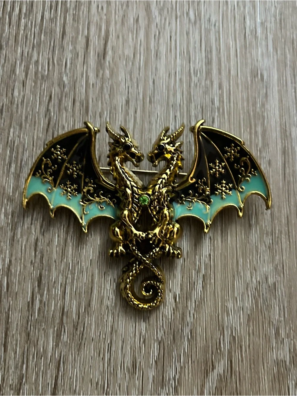Gold Double-Headed Dragon Brooch with Black and Teal Wings